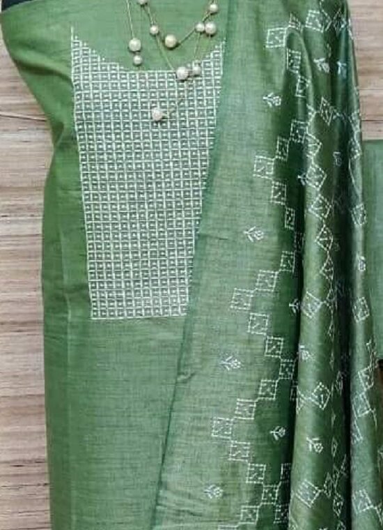 Strikingly Beautiful Green Cotton Silk Embroidery Dress Material With Plain Bottom