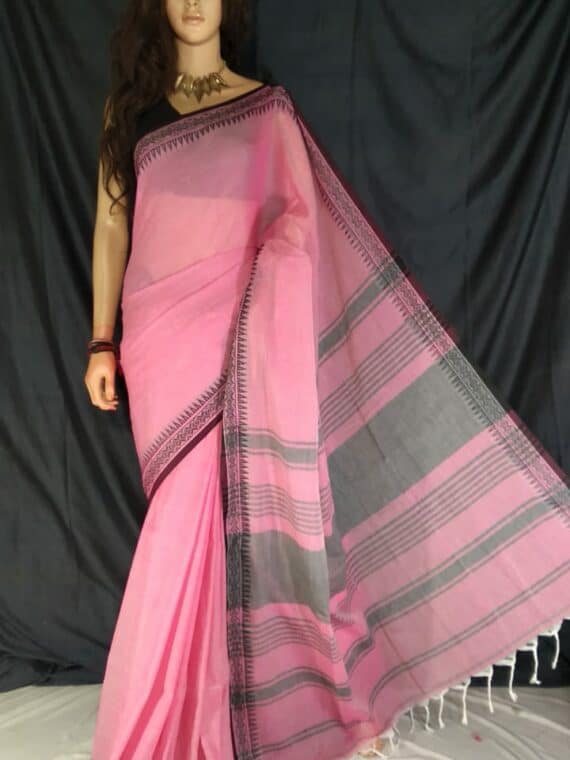 Subtle Pink Pure Cotton Small Temple Border Handwoven Saree