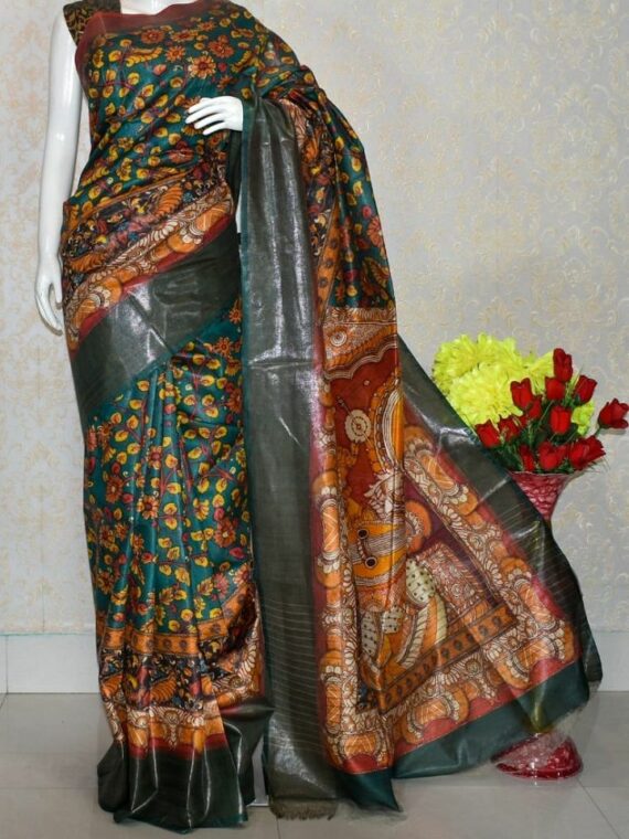 Teal Blue Floral Design Tussar Muga Digital Print Linen Saree