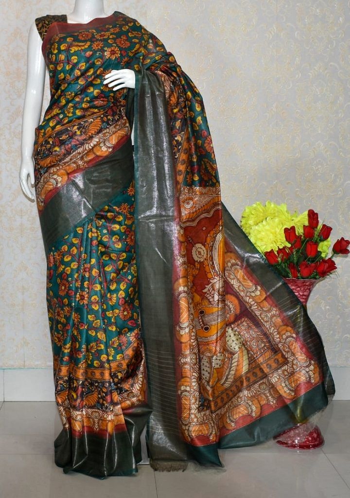 Yellow Blend Floral Design Tussar Muga Digital Print Silk Saree - Loomfolks