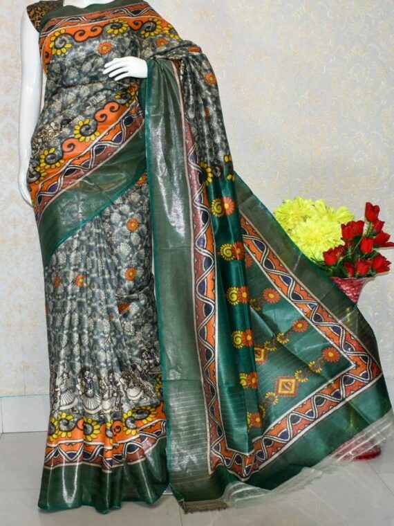 Teal Green Artistic Design Tussar Muga Digital Print Linen Saree