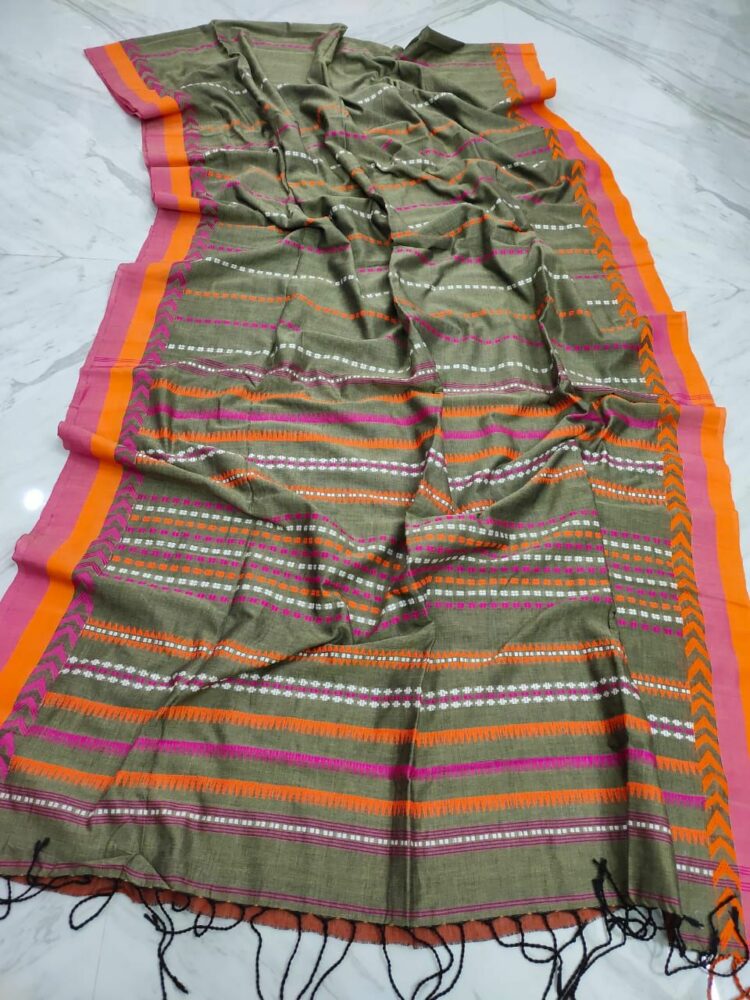 Unique Greyish Green Stripe Pattern Handwoven Cotton Saree