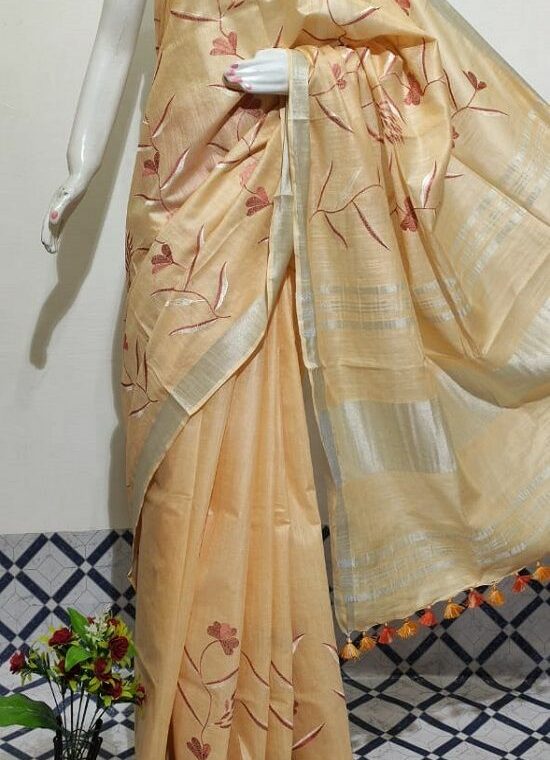 Warm Light Peach Floral Embroidery Linen Saree