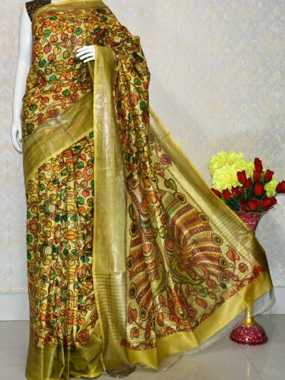 Yellow Blend Floral Design Tussar Muga Digital Print Linen Saree