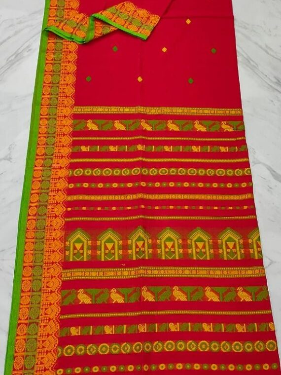 Attractive Red Pure Cotton Saree With Intricate Handwoven Border Pallu