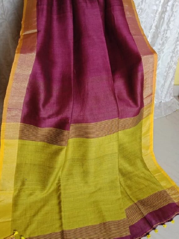 Awesome Plain Dark Pink Linen Saree With Contrast Pallu Border