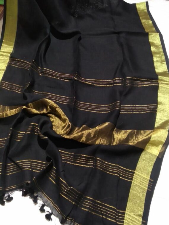 Black Plain Linen Handwoven Saree With Golden Border