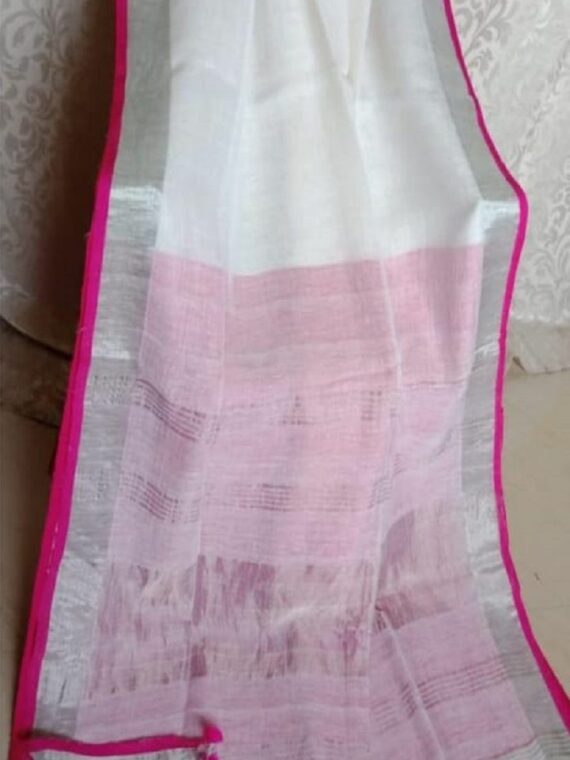 Calming Plain White Linen Saree With Contrast Pallu Border