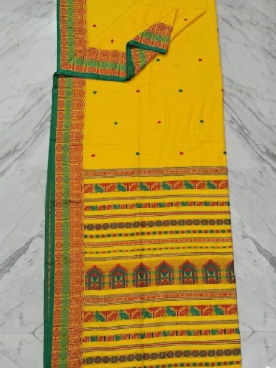 Divine Yellow Pure Cotton Saree With Intricate Handwoven Border Pallu