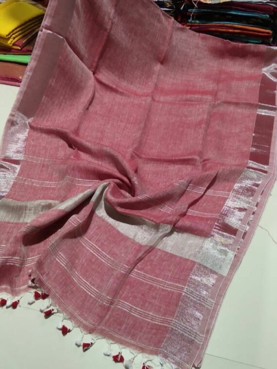Light Red White Blend Plain Linen Handwoven Saree