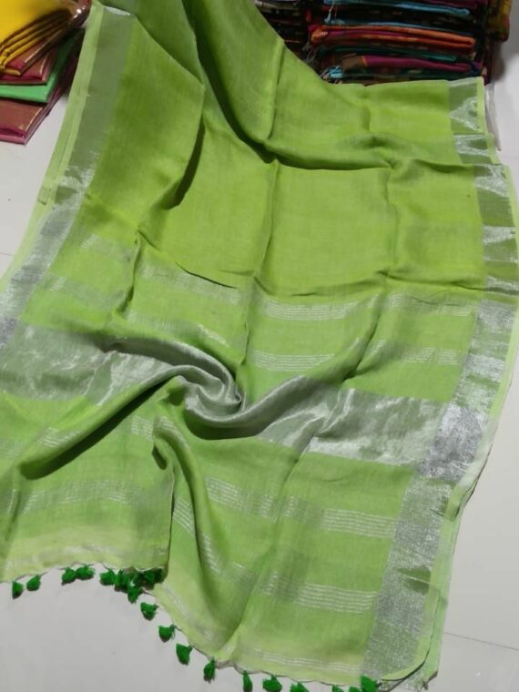Subtle Green Plain Linen Handwoven Saree With Silver Border
