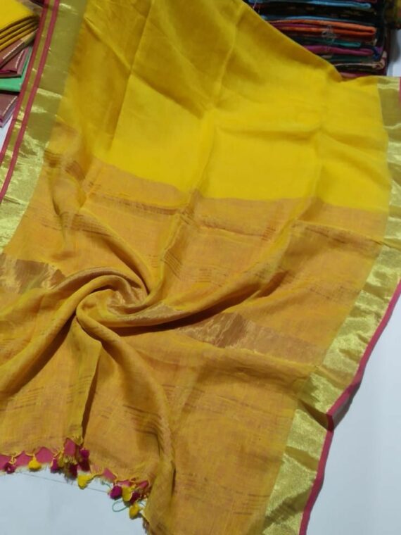 Turmeric Yellow Plain Linen Handwoven Saree With Contrast Pink Blouse