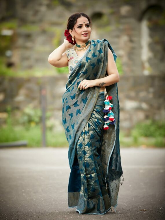 Teal Blue Butterfly Weave Handloom Matka Silk Saree