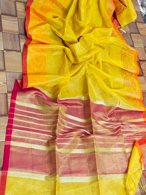 Brilliant Yellow Handloom Tissue Linen Saree With Intricate Border Weave