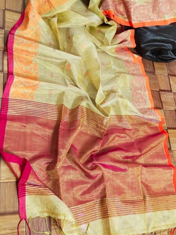 Glorious Subtle Yellow Handloom Tissue Linen Saree With Intricate Border Weave