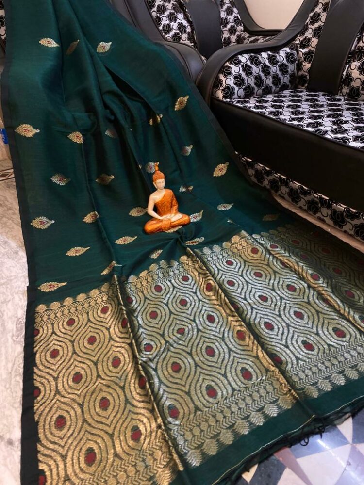 Adorable Bottle Green Motif Woven Cotton Linen Saree