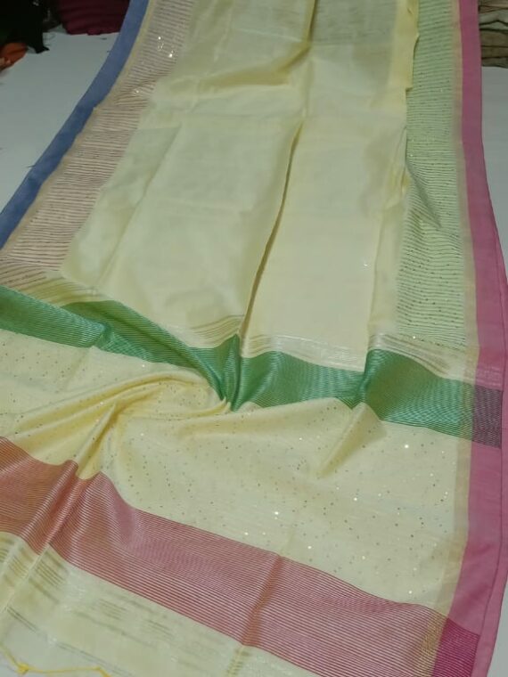 Adorable Light Yellow Cotton Silk Sequins Saree