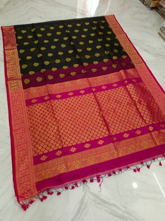 Awesome Black Magenta Blend Resham Muslin Silk Jamdani Saree