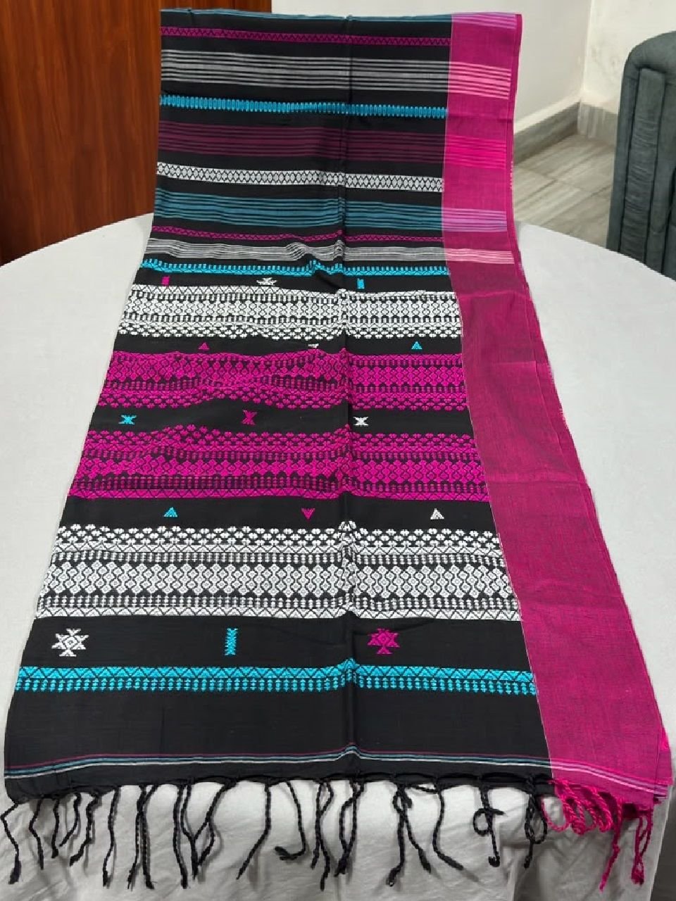 Black Pink Multicolor Stripe Pattern Cotton Handloom SareeSep2026 Black Pink Multicolor Stripe Pattern Cotton Handloom SareeSep2026