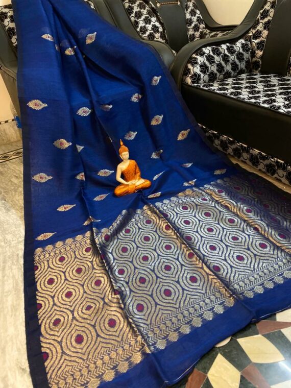 Brilliant Blue Motif Woven Cotton Linen Saree