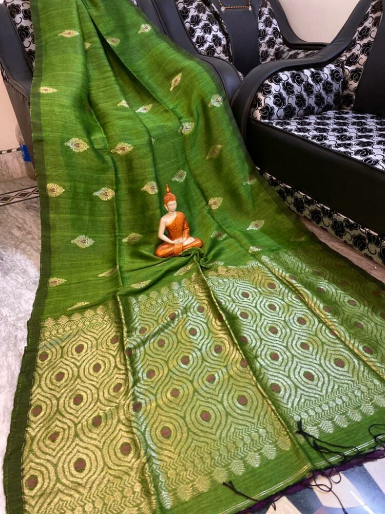 Exquisite Olive Green Motif Woven Cotton Linen Saree