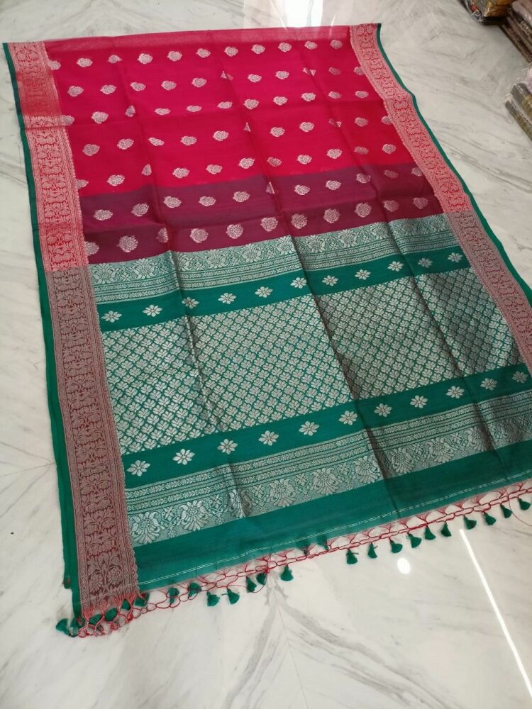 Festive Red Green Blend Resham Muslin Silk Jamdani Saree