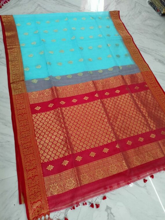 Healing Sky Blue Red Blend Resham Muslin Silk Jamdani Saree