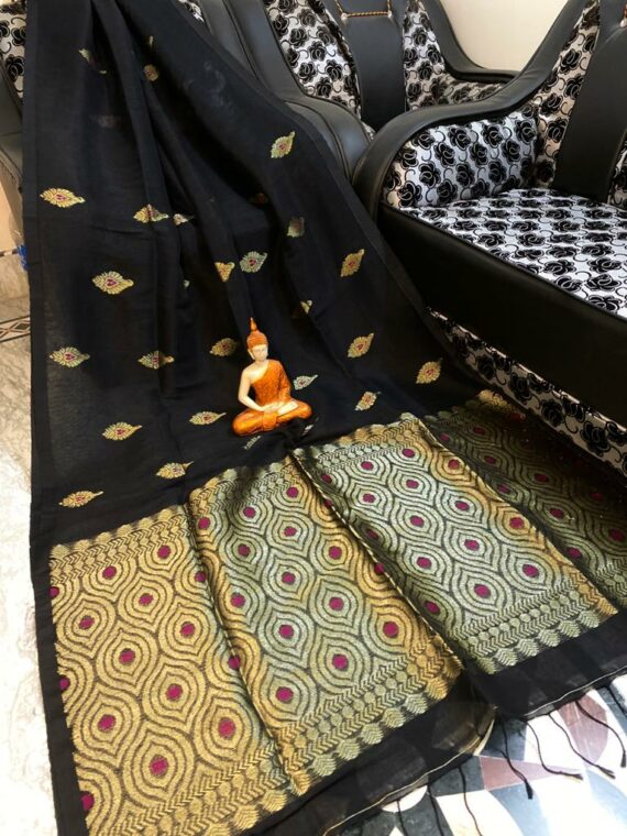 Impressive Black Motif Woven Cotton Linen Saree