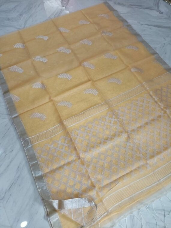 Light Mustard Yellow Tamarind Leaf Design Resham Muslin Silk Saree