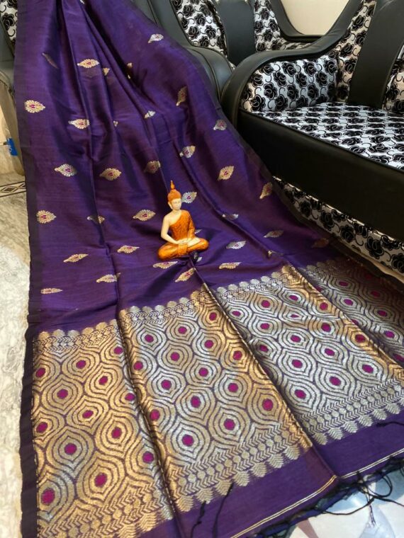 Magnificent Dark Violet Motif Woven Cotton Linen Saree