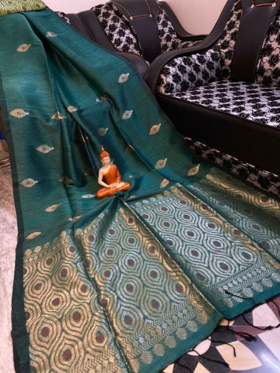 Majestic Teal Green Motif Woven Cotton Linen Saree