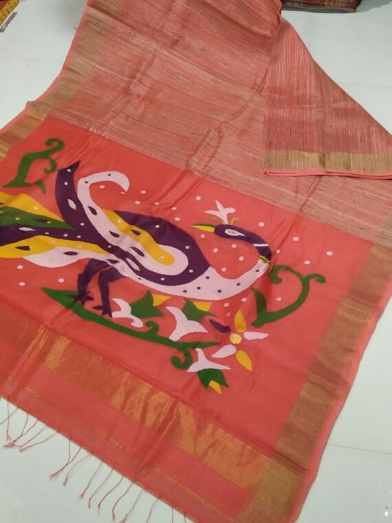 Pleasing Peach Pink Organic Jute Silk Saree with Golden Border