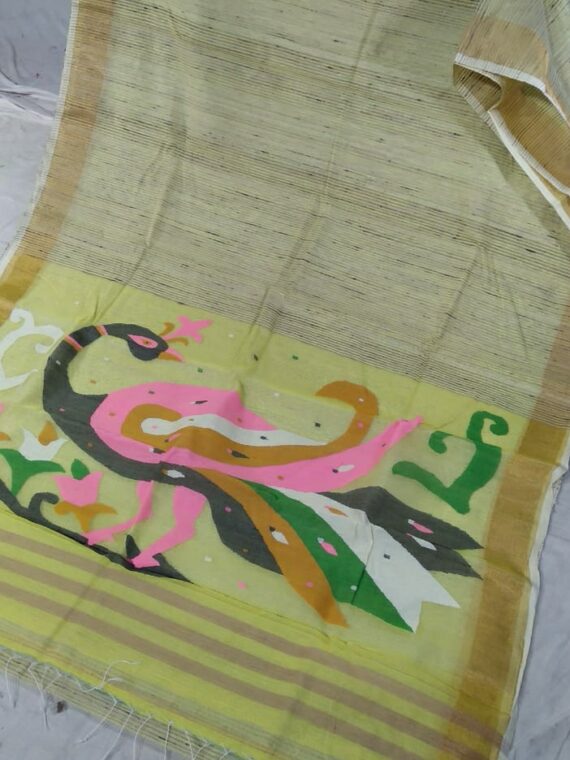 Subtle Off White Natural Organic Jute Silk Saree with Golden Border