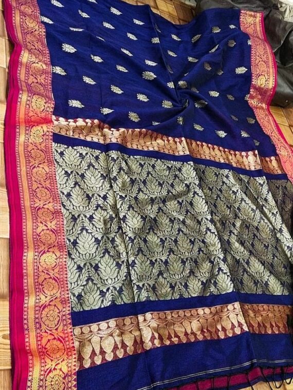 Enchanting Blue Intricately Handwoven Banarasi Design Linen Saree