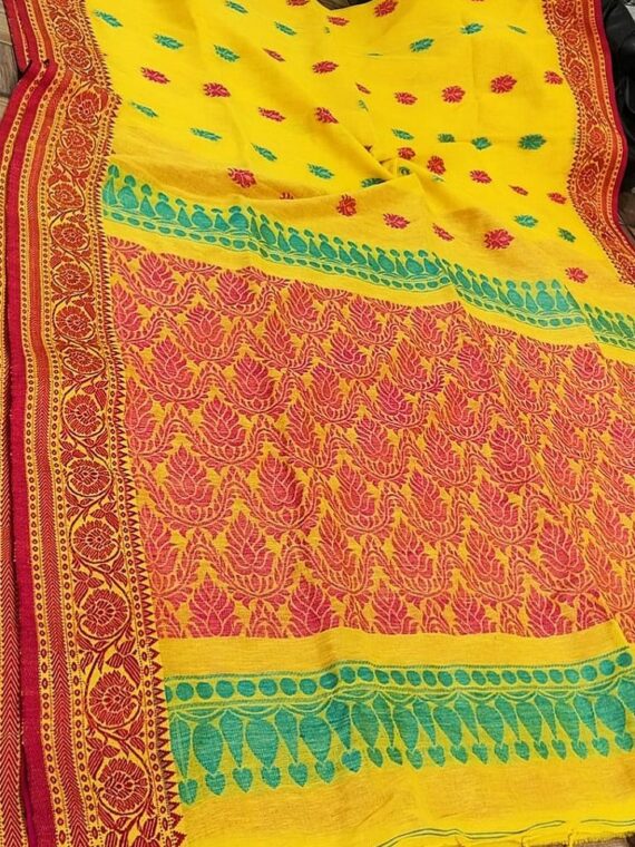 Glorious Yellow Intricately Handwoven Banarasi Design Linen Saree