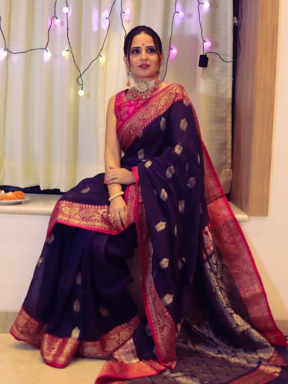 Ravishing Purple Intricately Handwoven Banarasi Design Linen Saree 2