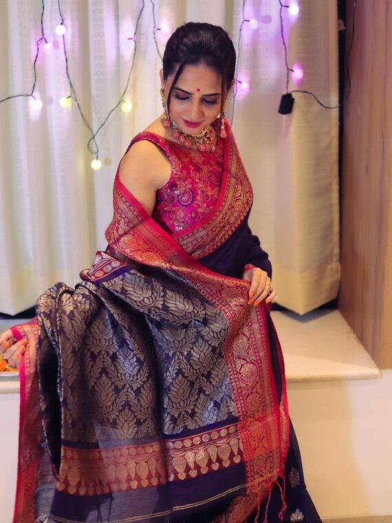 Ravishing Purple Intricately Handwoven Banarasi Design Linen Saree 7
