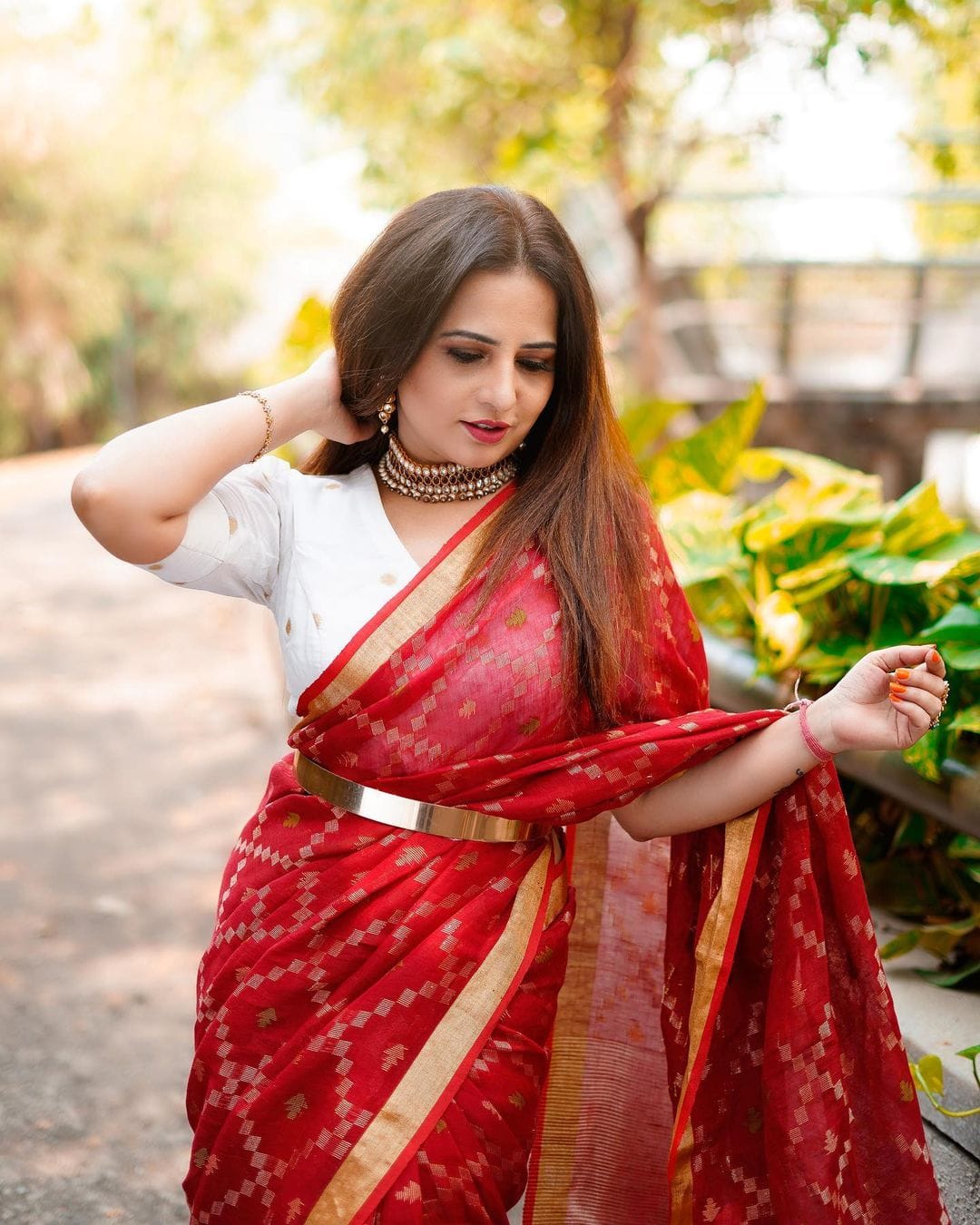 Stunning Red Cotton Linen Handwoven in Bandhini Style Saree