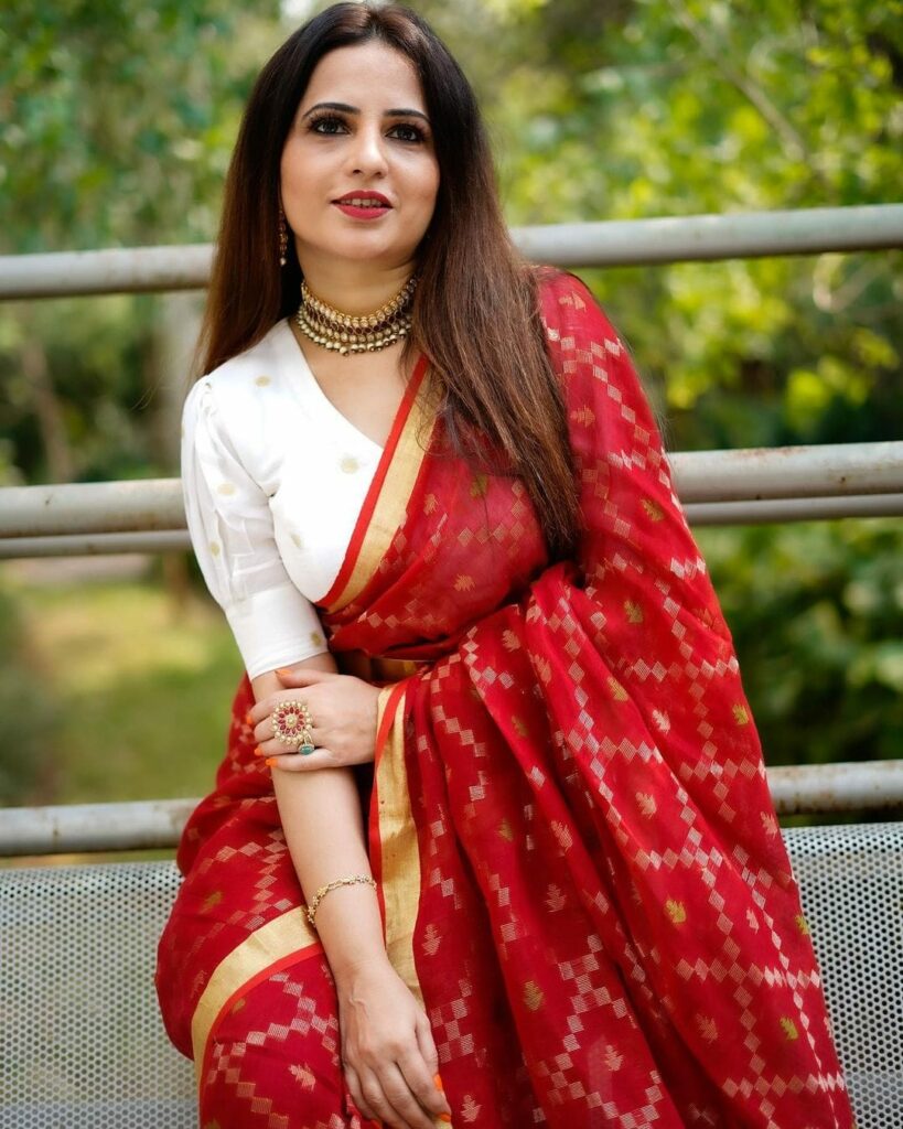 red cotton linen saree