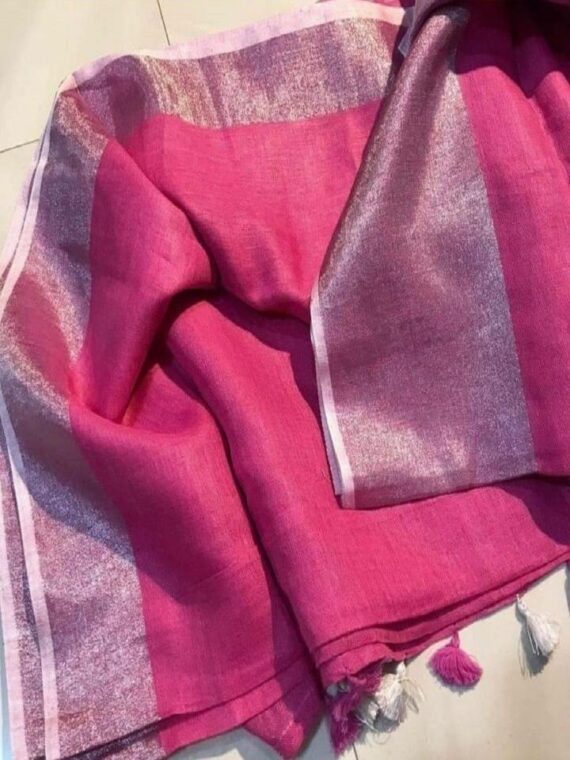 Dazzling Solid Pink Plain Linen Saree With Silver Border