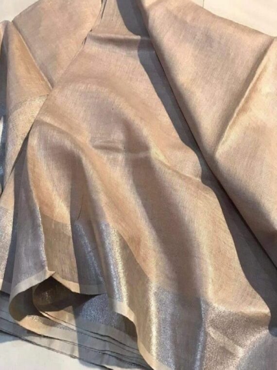 Gorgeous Pastel Brown Plain Linen Saree With Silver Border