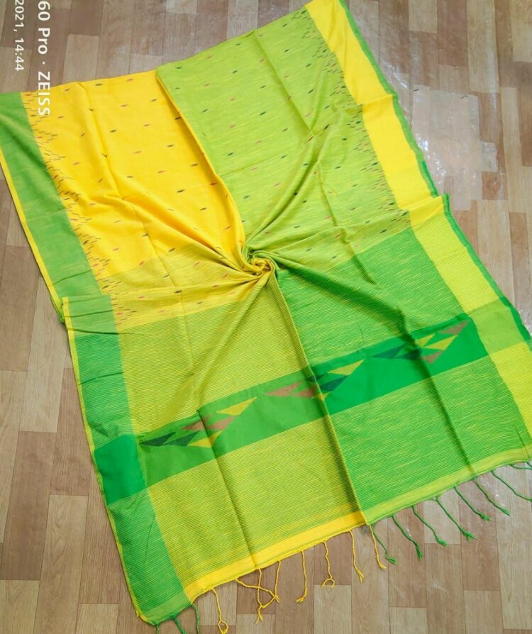 Lovely Yellow Green Dual Shade Cotton Handwoven Saree