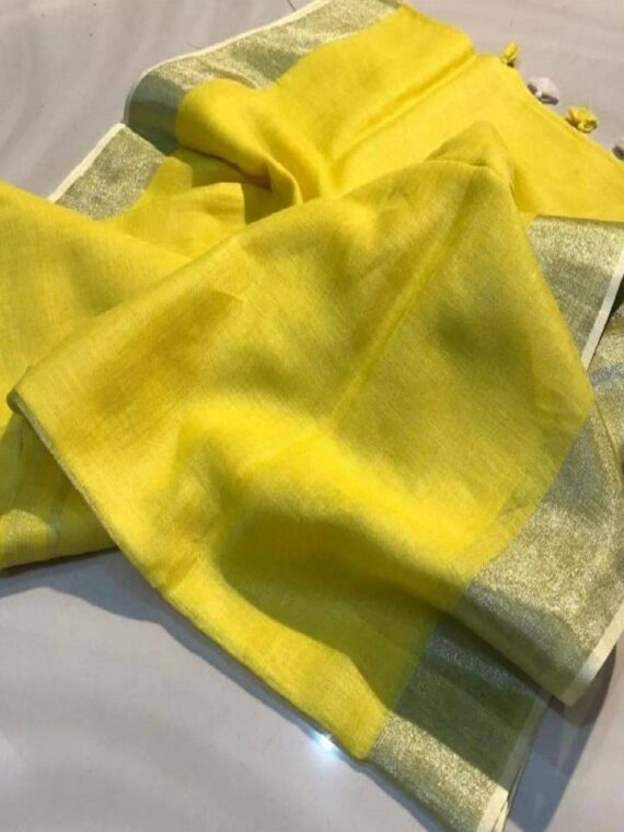 Luminous Yellow Plain Linen Saree With Silver Border