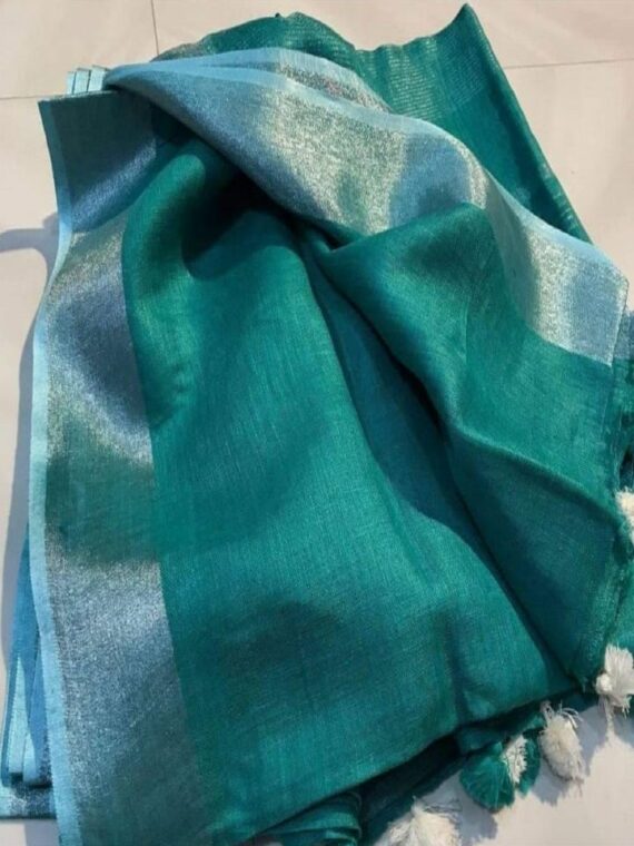 Nifty Turquoise Peacock Blue Plain Linen Saree With Silver Border