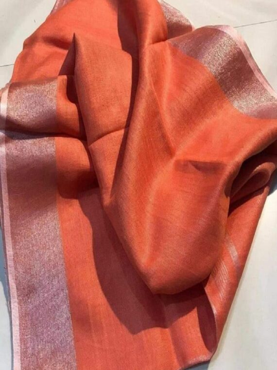 Orange Peach Plain Linen Saree With Silver Border