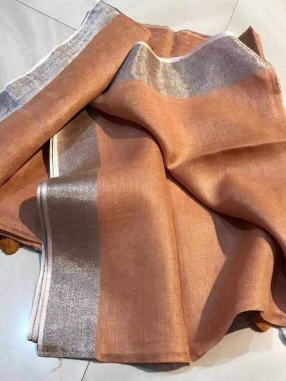 Peach Brown Plain Linen Saree With Silver Border