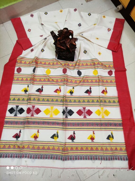 Pure White Peacock Pattern Handwoven Cotton Saree