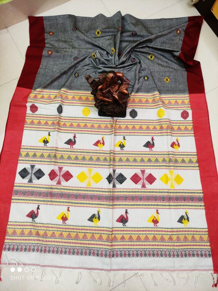 Striking Grey Red White Blend Peacock Pattern Handwoven Cotton Saree