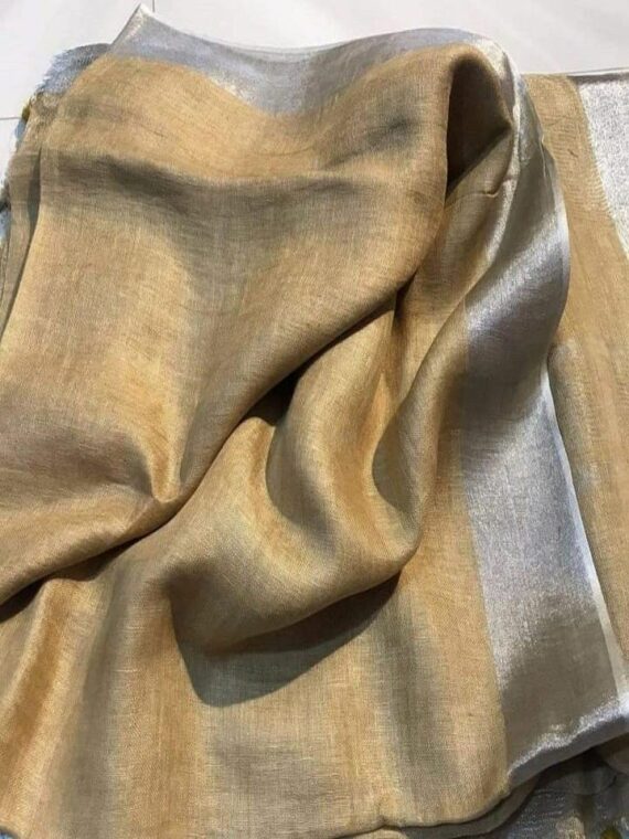 Subtle Khaki Brown Plain Linen Saree With Silver Border