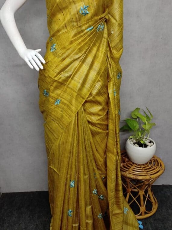 Awesome Mustrad Yellow Tussar Giccha Emboidery Saree